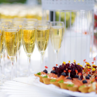 Lots of wine glasses during party, wedding reception or festive event
